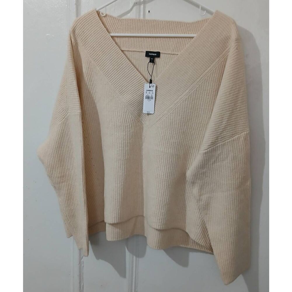 Express Womens large boxy drop sleeve cream beige oversized sweater super soft
